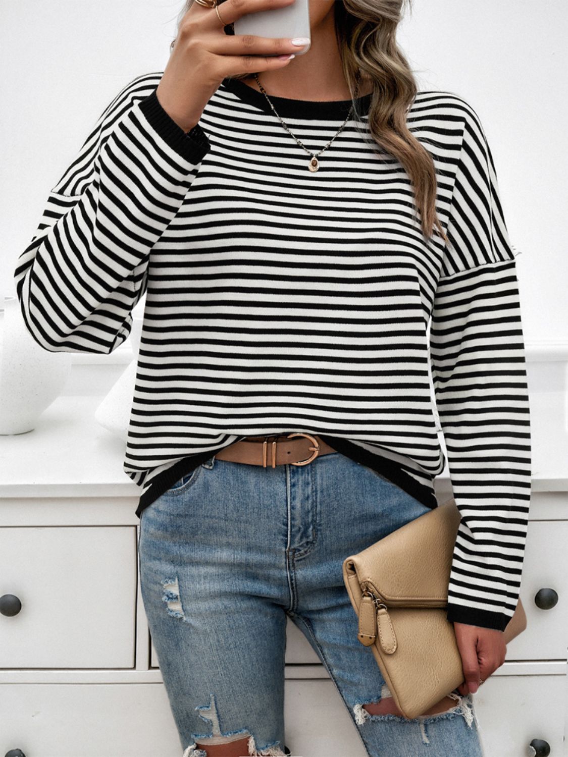 Devine Striped Round Neck Dropped Shoulder Sweater-Angel Casuals