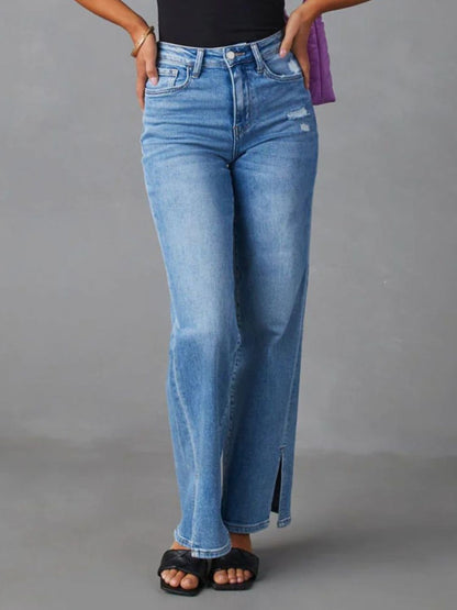 Slit Buttoned Jeans with Pockets-Angel Casuals