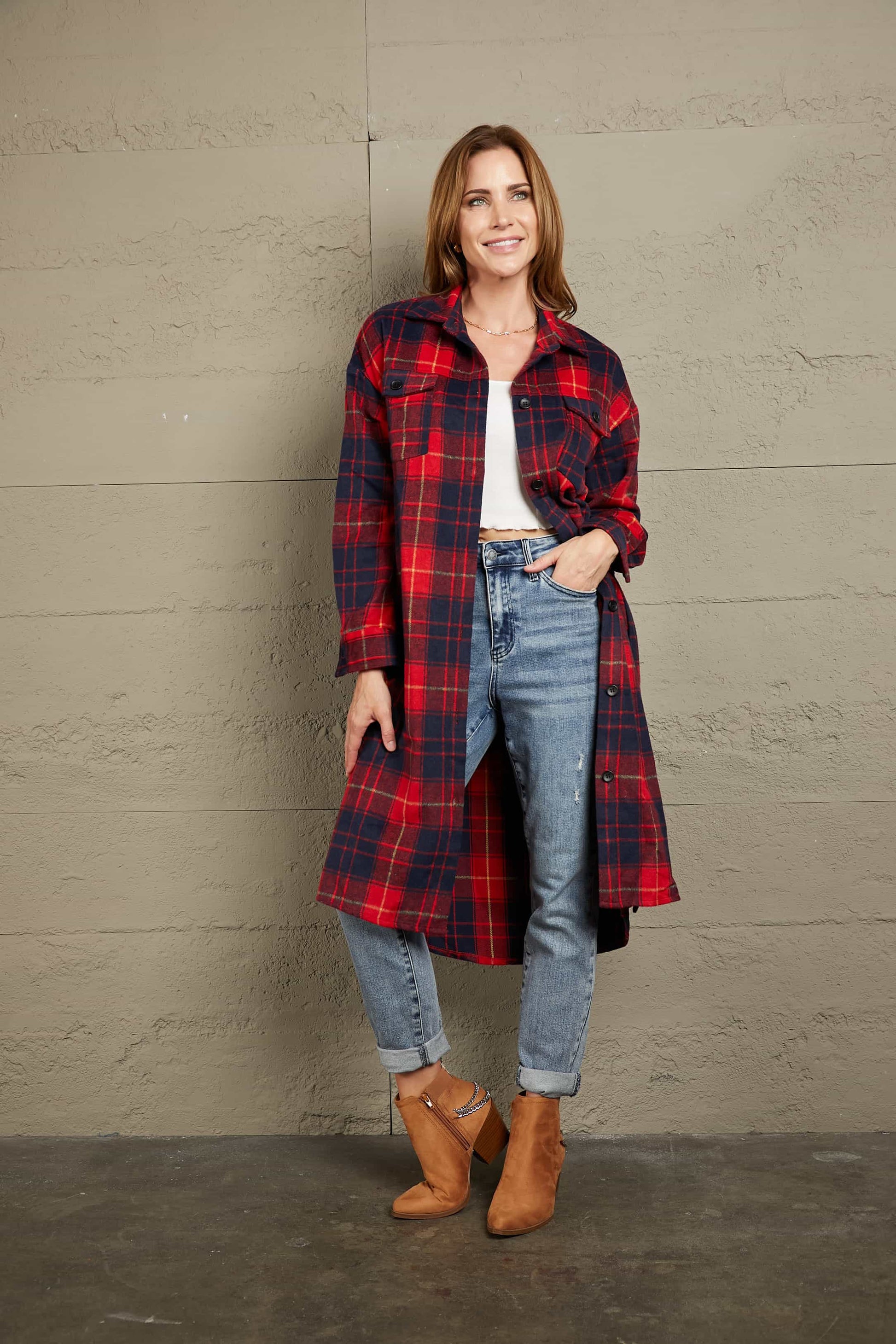 Plaid Belted Button Down Longline Shirt Jacket-Angel Casuals