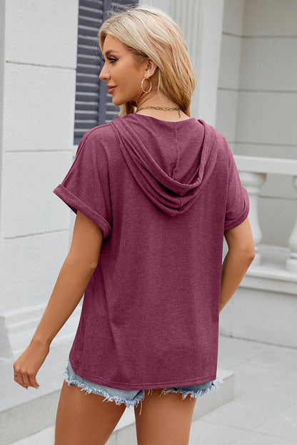 Half Button Drawstring Short Sleeve Hooded T-Shirt-Angel Casuals