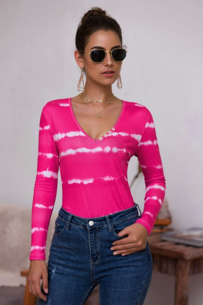 Tie-Dye Plunge Long Sleeve Top-Angel Casuals