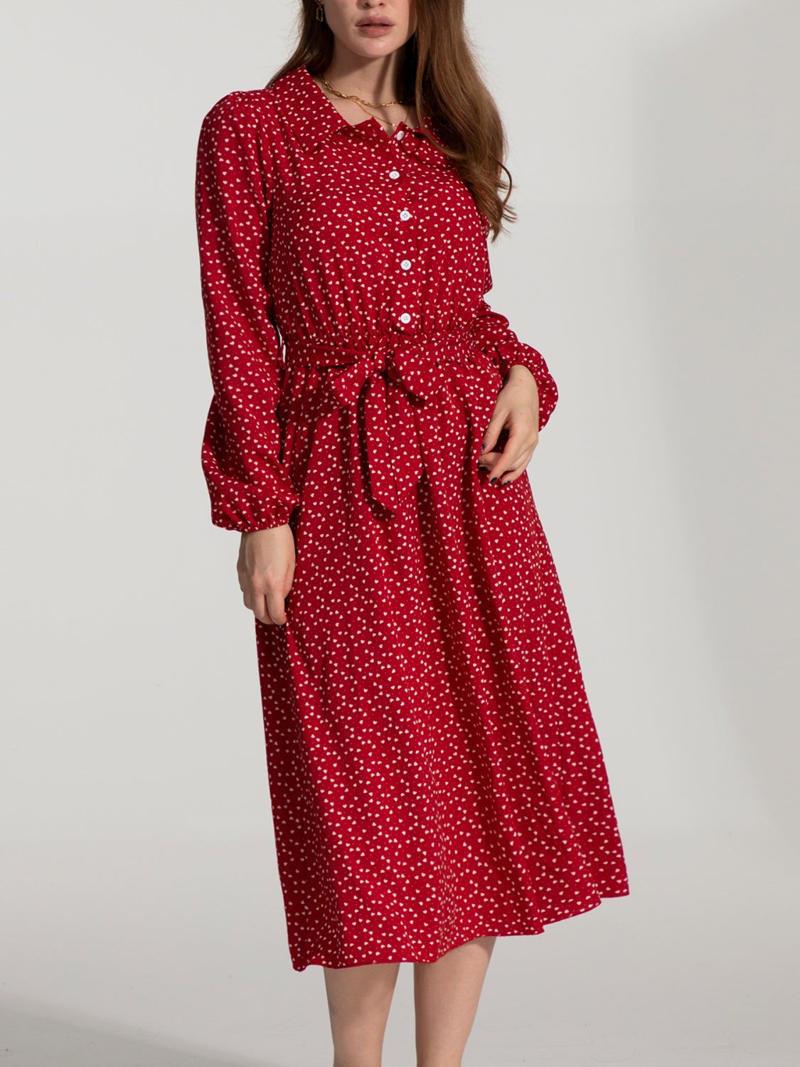 Tied Printed Button Up Balloon Sleeve Dress-Angel Casuals