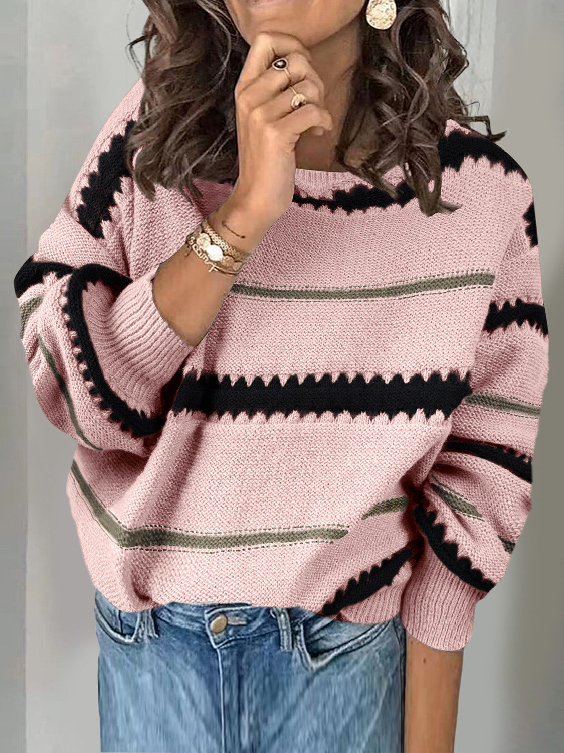 Contrast Striped Round Neck Long Sleeve Sweater-Angel Casuals