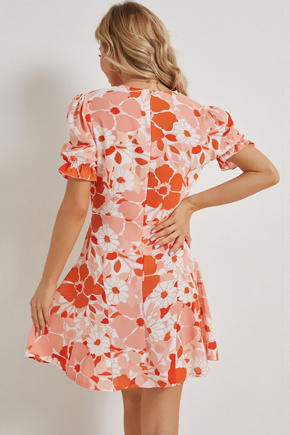 Floral Surplice Neck Flounce Sleeve Dress-Angel Casuals