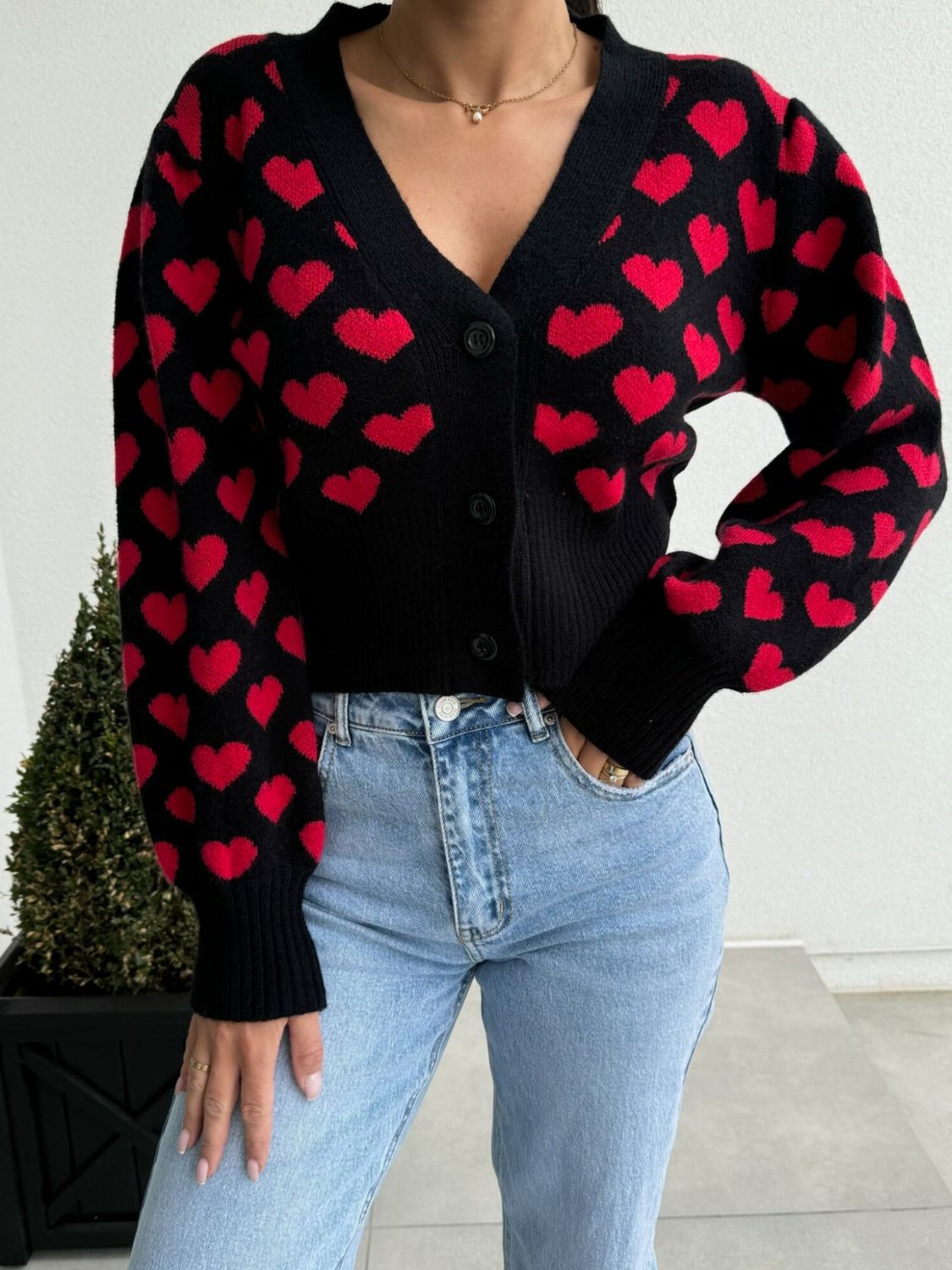 Valentine’s Day Heart V-Neck Cropped Cardigan-Angel Casuals