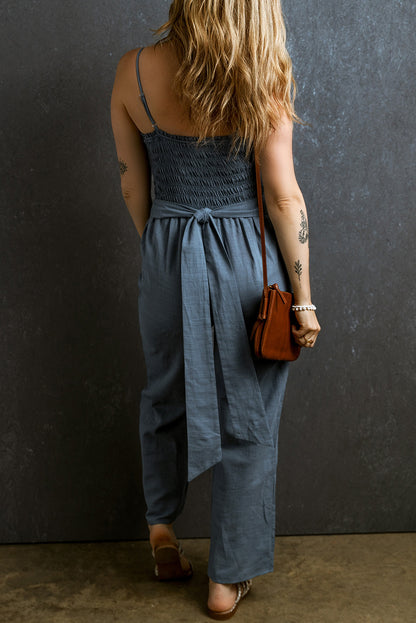 Tied Smocked Wide Leg Jumpsuit-Angel Casuals