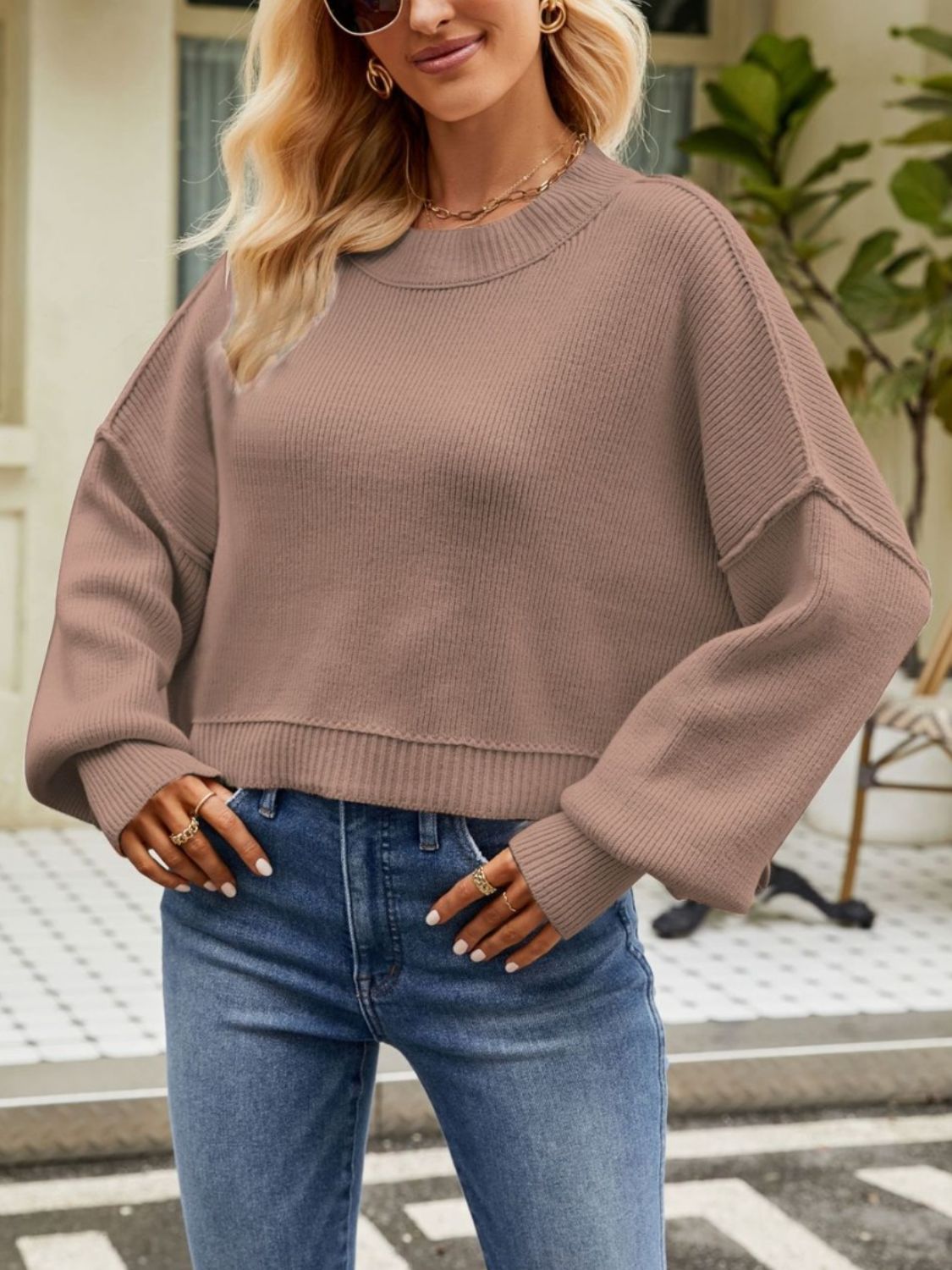 Round Neck Dropped Shoulder Sweater-Angel Casuals