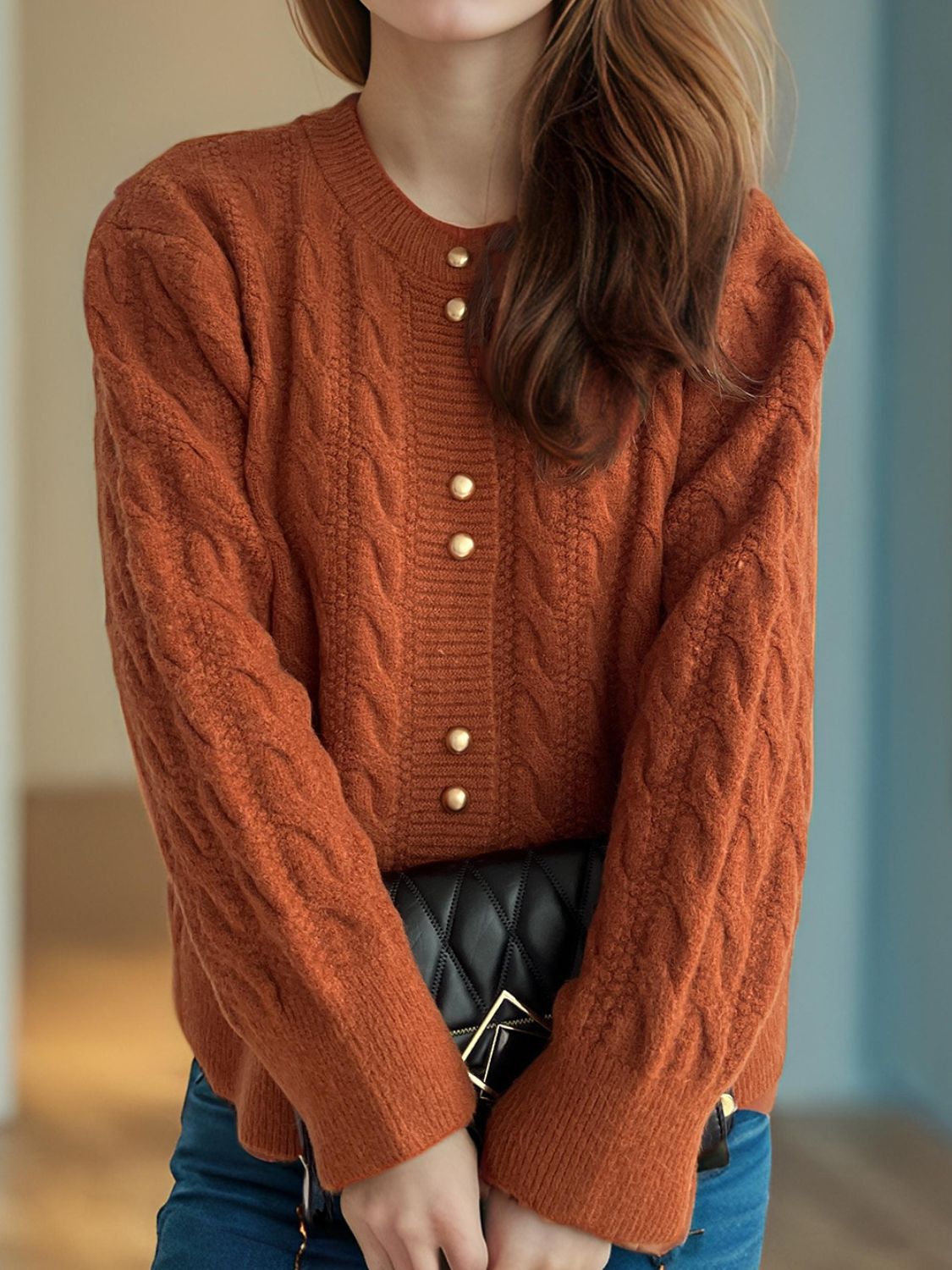 Cable-Knit Round Neck Long Sleeve Cardigan-Angel Casuals