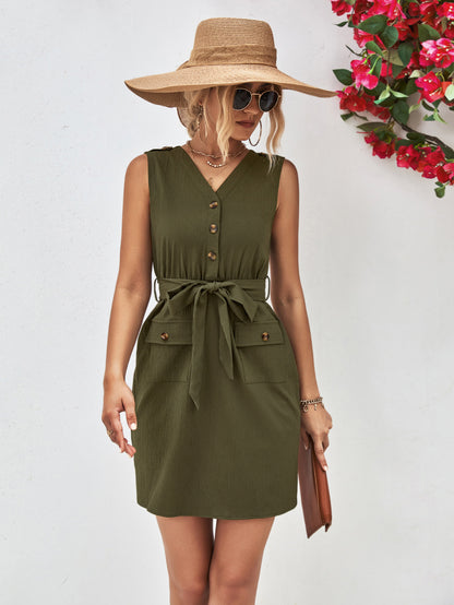 Buttoned V-Neck Belted Sleeveless Dress-Angel Casuals