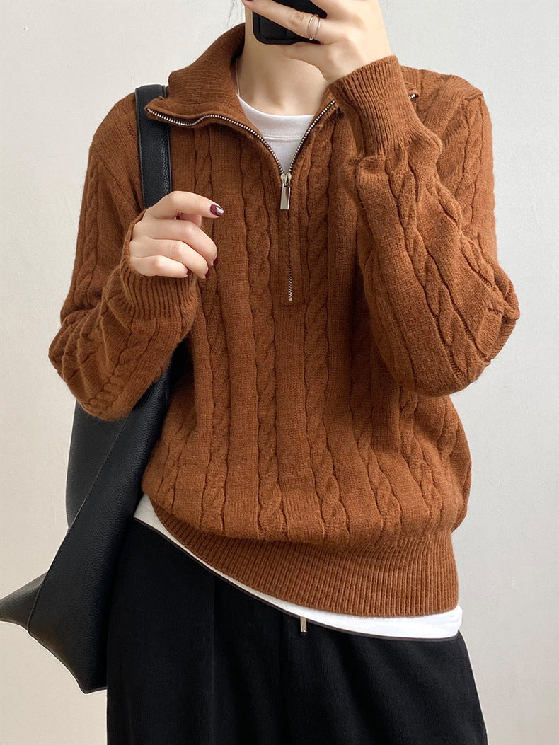 Cable-Knit Half Zip Long Sleeve Sweater-Angel Casuals