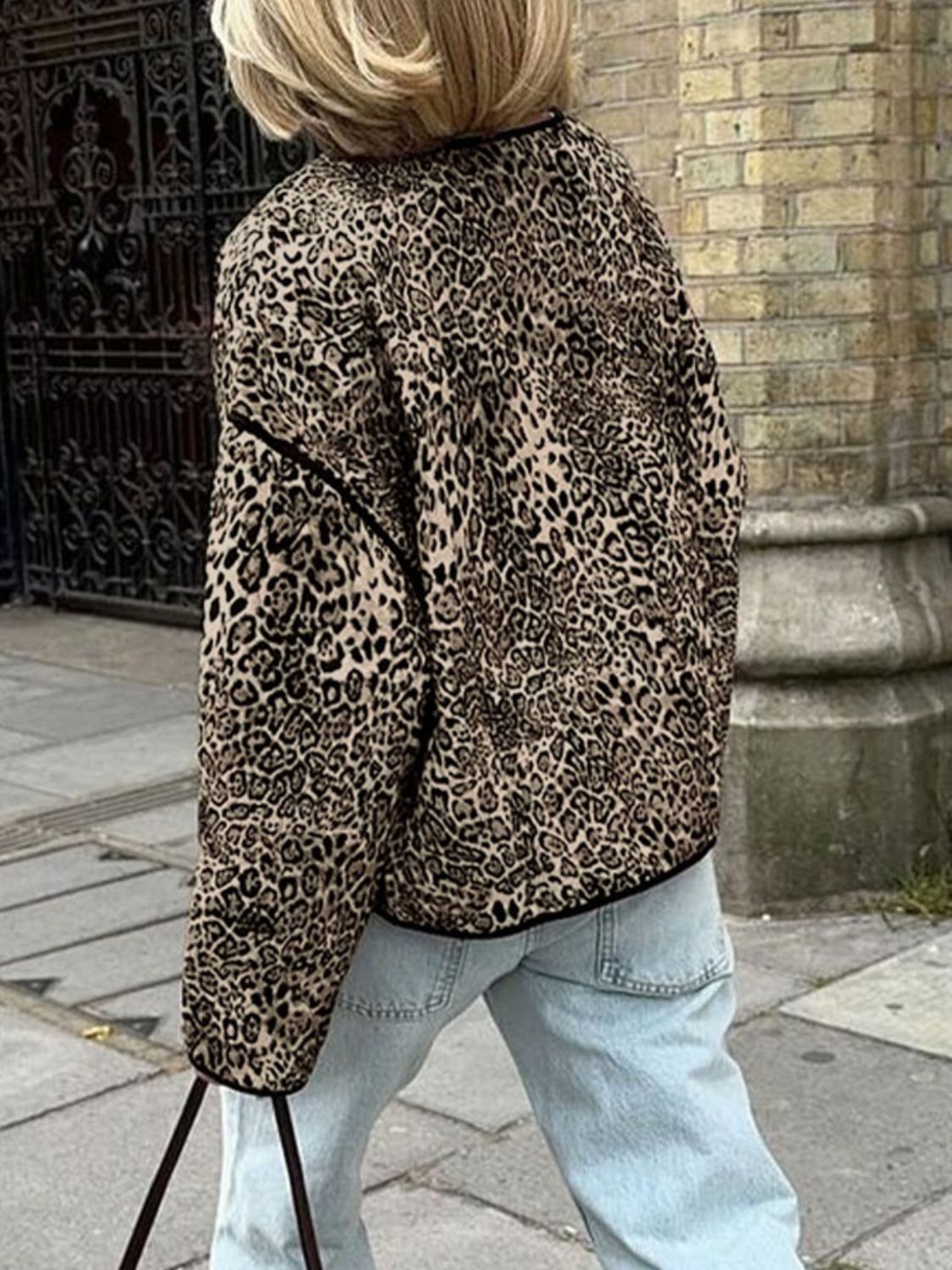 Perfee Leopard Open Front Long Sleeve Jacket-Angel Casuals