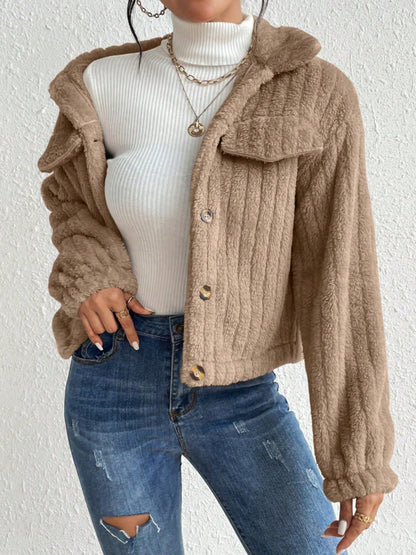 Fuzzy Button Up Collared Neck Jacket-Angel Casuals