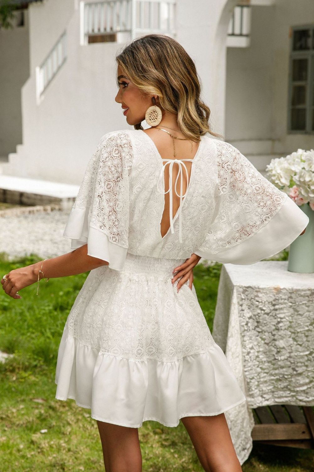 Lace Cutout Surplice Half Sleeve Dress-Angel Casuals