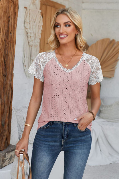 Eyelet V-Neck Lace Short Sleeve T-Shirt-Angel Casuals