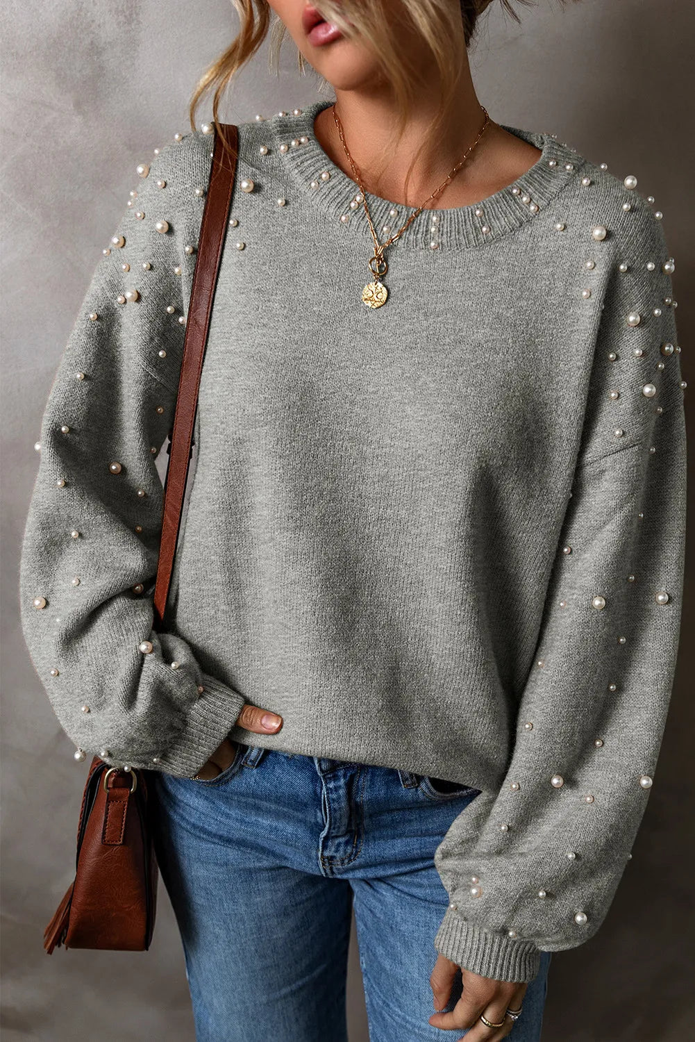 Pearl Detail Round Neck Long Sleeve Sweater-Angel Casuals