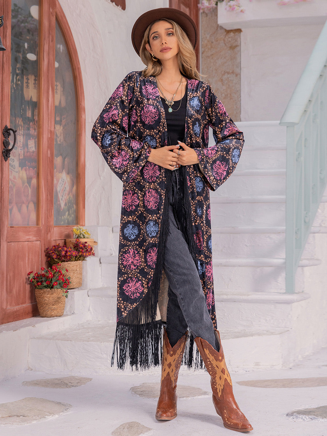 Fringe Open Front Long Sleeve Cardigan-Angel Casuals