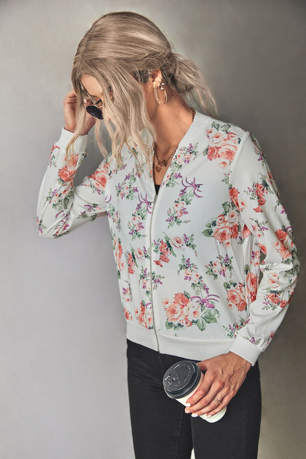 Floral Zip Up Ribbed Trim Bomber Jacket-Angel Casuals