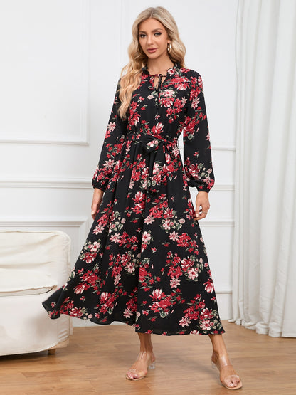 Floral Tie Front Balloon Sleeve Dress-Angel Casuals