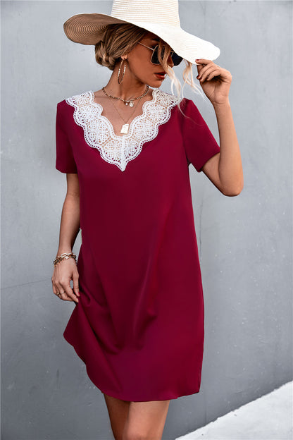 Spliced Lace Contrast Short Sleeve Dress-Angel Casuals