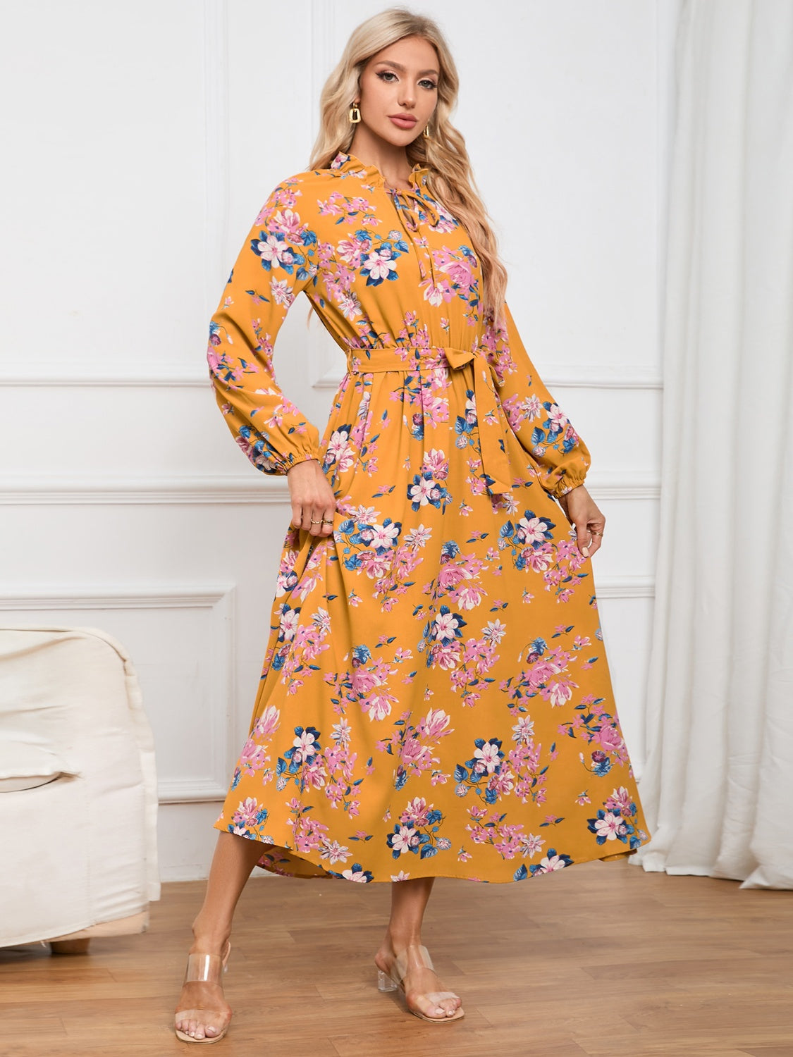 Floral Tie Front Balloon Sleeve Dress-Angel Casuals