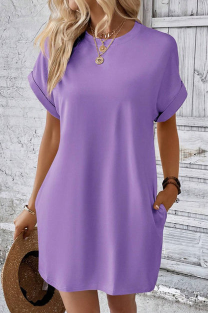 Pocketed Round Neck Short Sleeve Dress-Angel Casuals