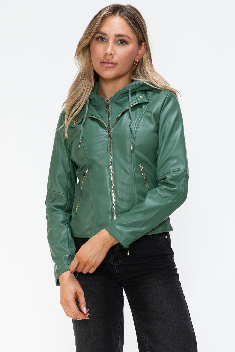 Snobbish Faux Leather Zip Up Drawstring Hooded Jacket-Angel Casuals