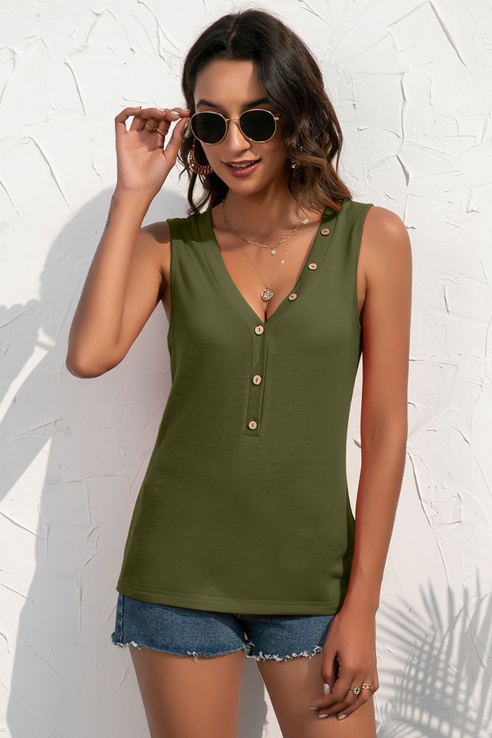 Buttoned Deep V Tank-Angel Casuals