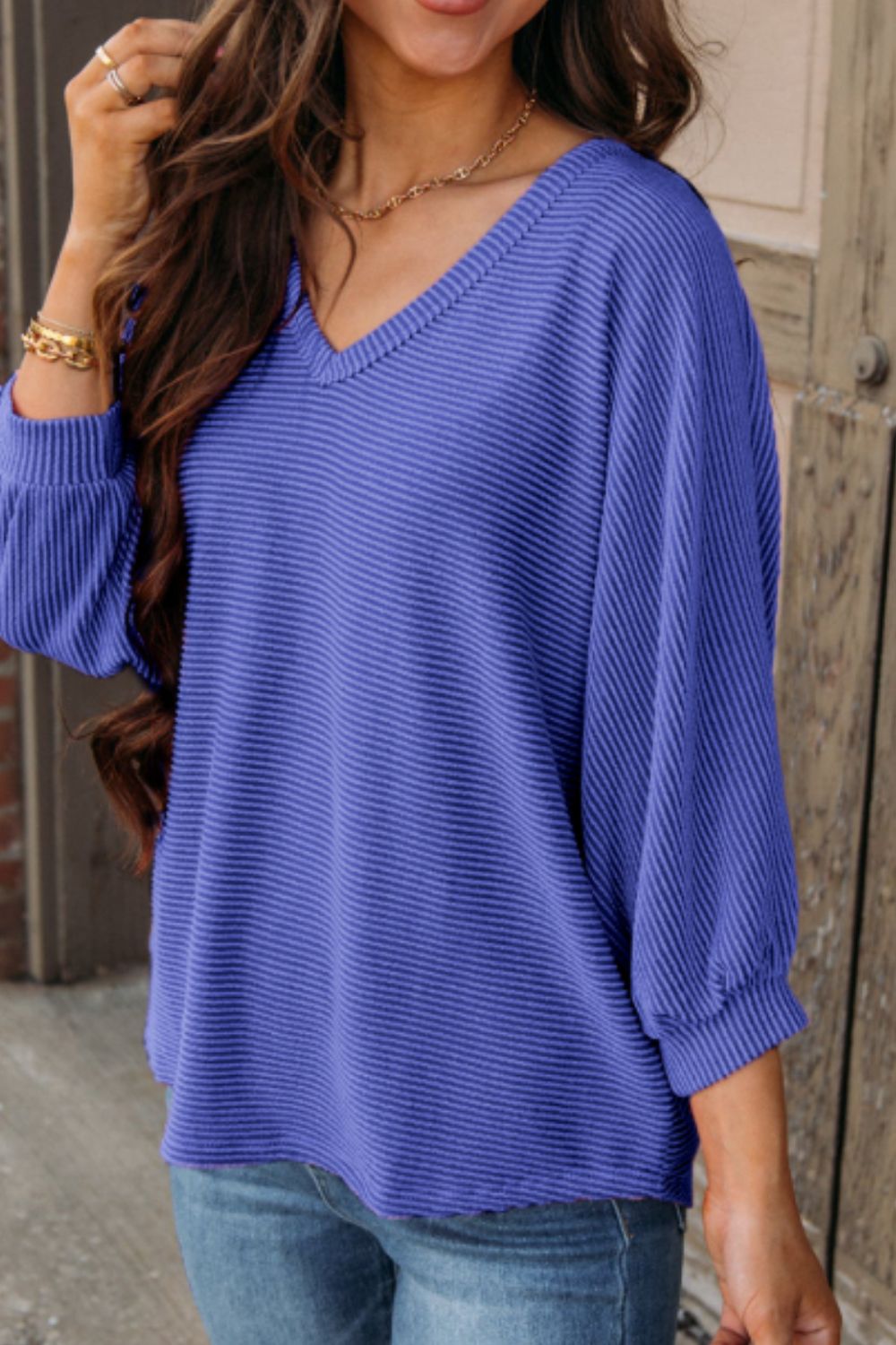 Texture V-Neck Long Sleeve Top-Angel Casuals