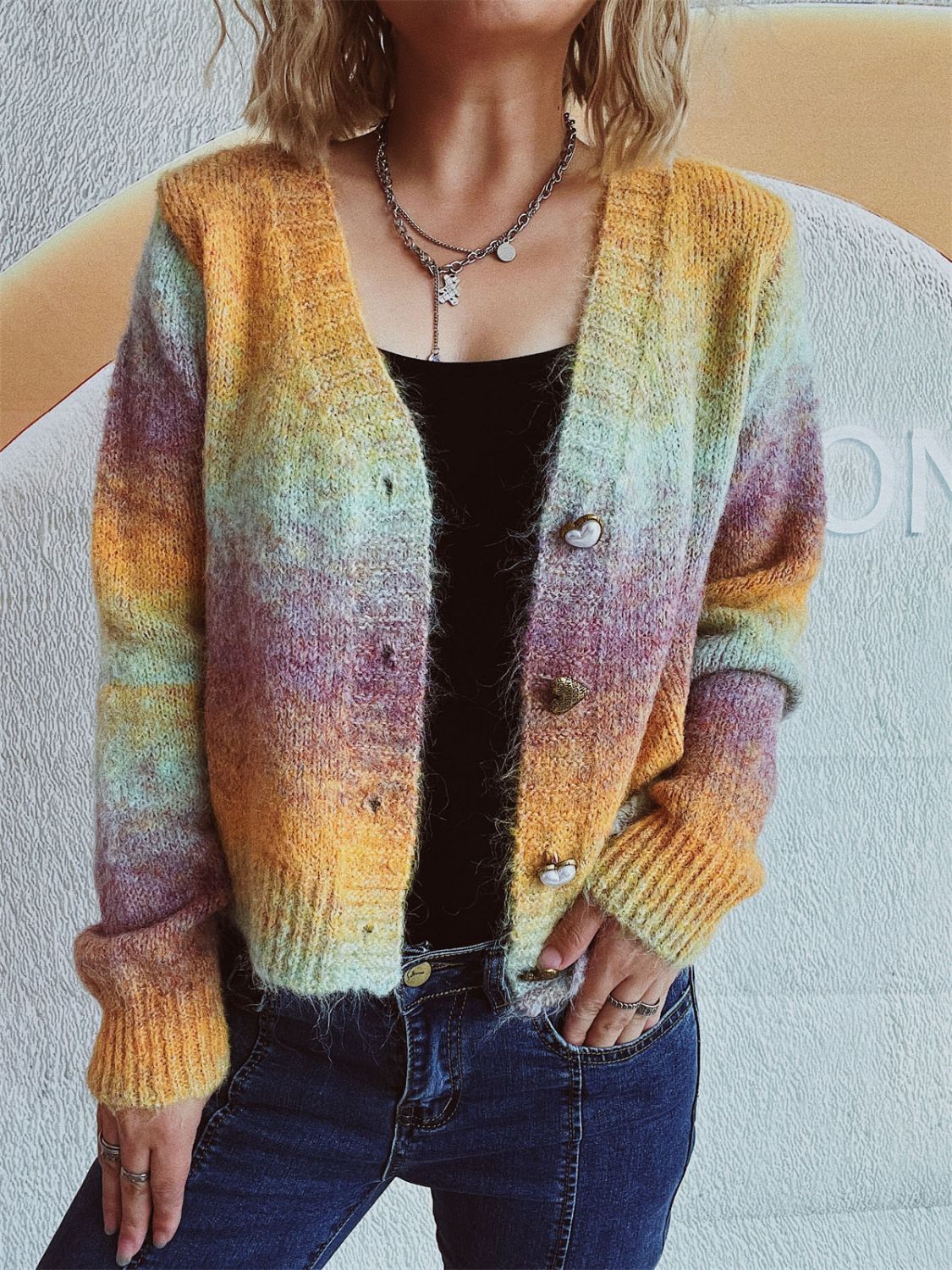 Gradient Heart Shape Button V-Neck Cardigan-Angel Casuals
