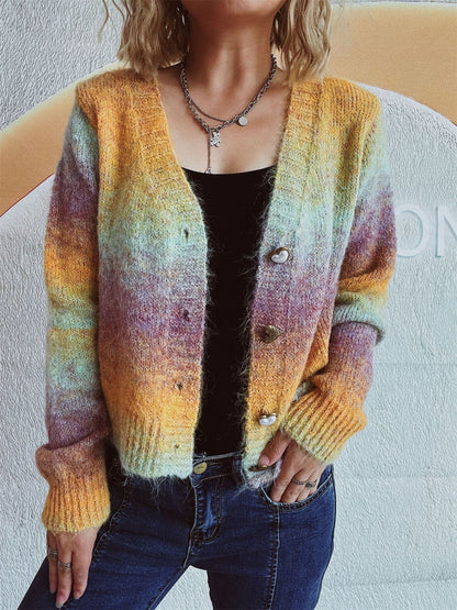 Gradient Heart Shape Button V-Neck Cardigan-Angel Casuals