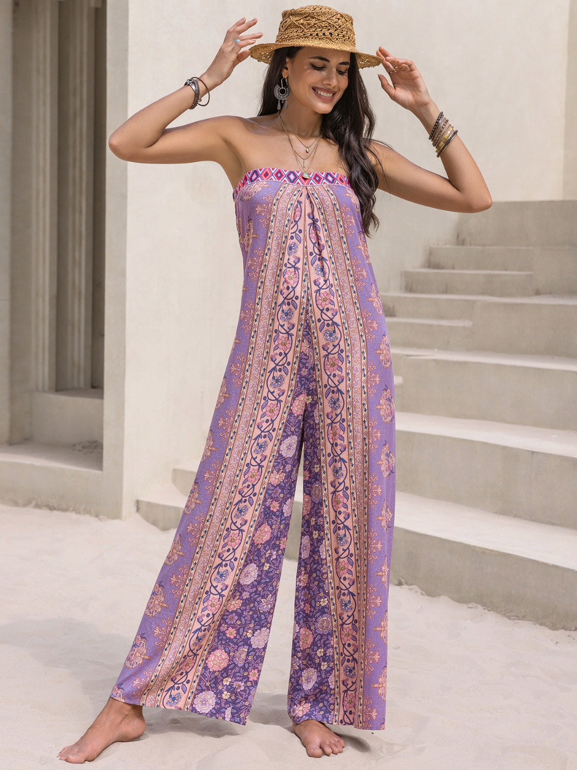 Tied Printed Tube Wide Leg Jumpsuit-Angel Casuals