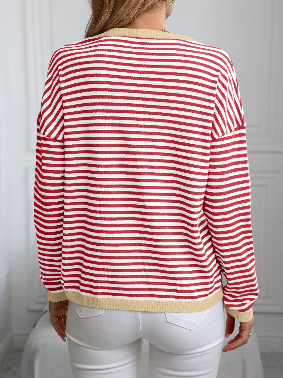 Contrast Trim Striped V-Neck Long Sleeve Knit Top-Angel Casuals