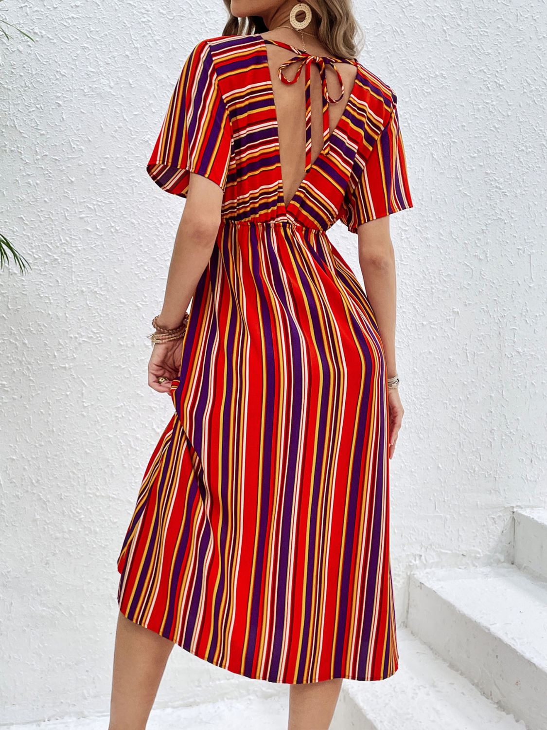 Slit Striped V-Neck Short Sleeve Midi Dress-Angel Casuals