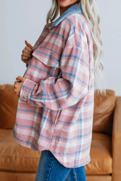 Plaid Collared Neck Long Sleeve Jacket-Angel Casuals