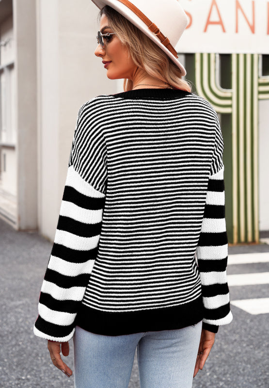 Striped Round Neck Dropped Shoulder Sweater-Angel Casuals