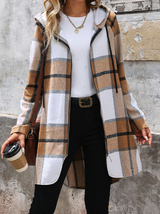 Drawstring Plaid Zip Up Long Sleeve Hooded Outerwear-Angel Casuals