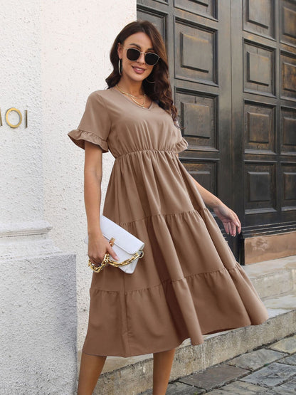 V-Neck Short Sleeve Midi Dress-Angel Casuals