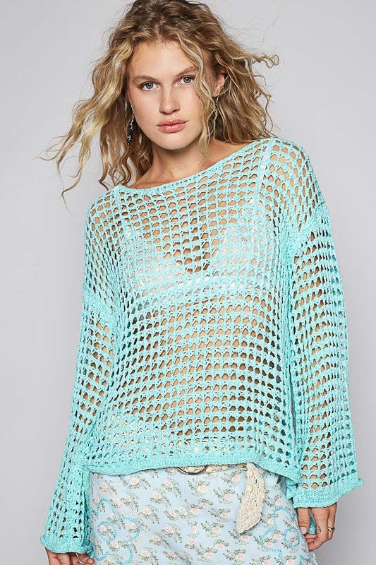 POL Side Slit Openwork Long Sleeve Knit Cover Up-Angel Casuals