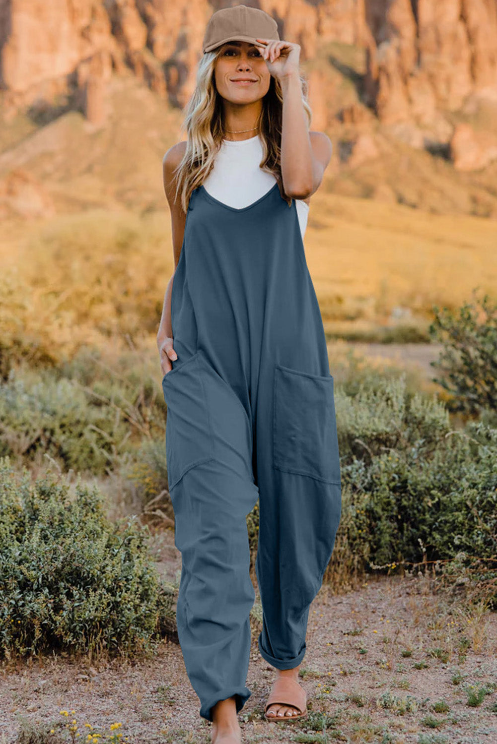 Double Take Full Size V-Neck Sleeveless Jumpsuit with Pockets-Angel Casuals