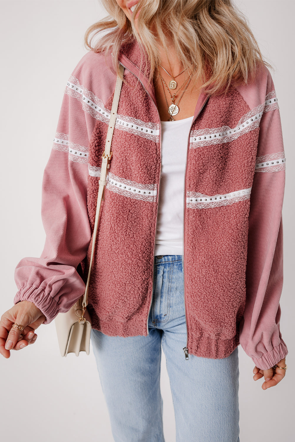 Lace Detail Zip Up Sherpa Patchwork Jacket-Angel Casuals