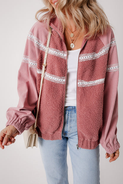 Lace Detail Zip Up Sherpa Patchwork Jacket-Angel Casuals