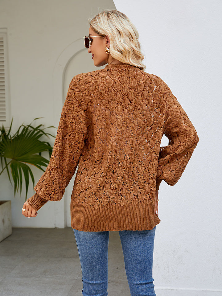 Openwork Open Front Lantern Sleeve Cardigan-Angel Casuals
