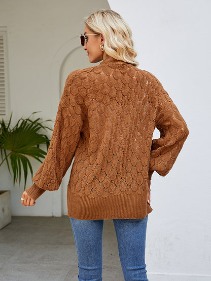 Openwork Open Front Lantern Sleeve Cardigan-Angel Casuals