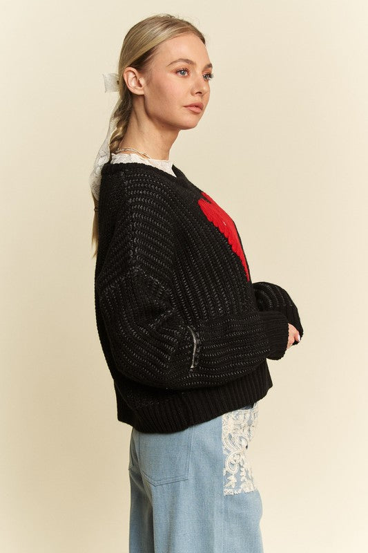 Davi & Dani Contrast Heart Dropped Shoulder Sweater-Angel Casuals