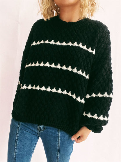 Contrast Stripes Round Neck Long Sleeve Sweater-Angel Casuals