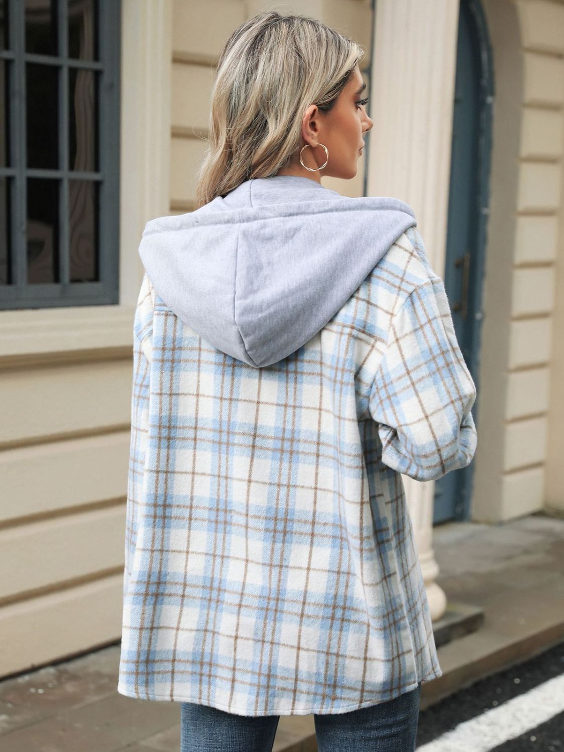Drawstring Plaid Button Up Hooded Jacket-Angel Casuals