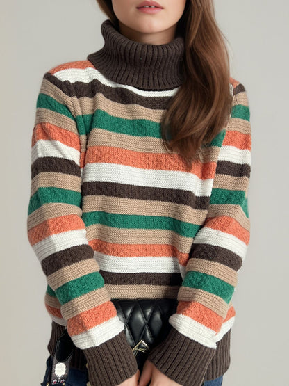 Contrast Stripes Turtleneck Long Sleeve Sweater-Angel Casuals