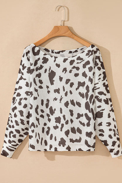 Leopard Boat Neck Long Sleeve Knit Top-Angel Casuals