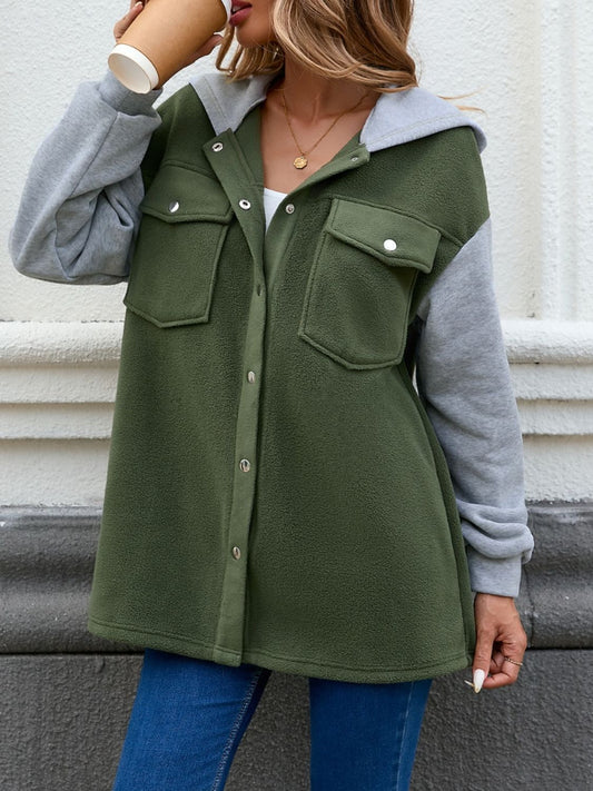 Pocketed Contrast Snap Down Hooded Jacket-Angel Casuals