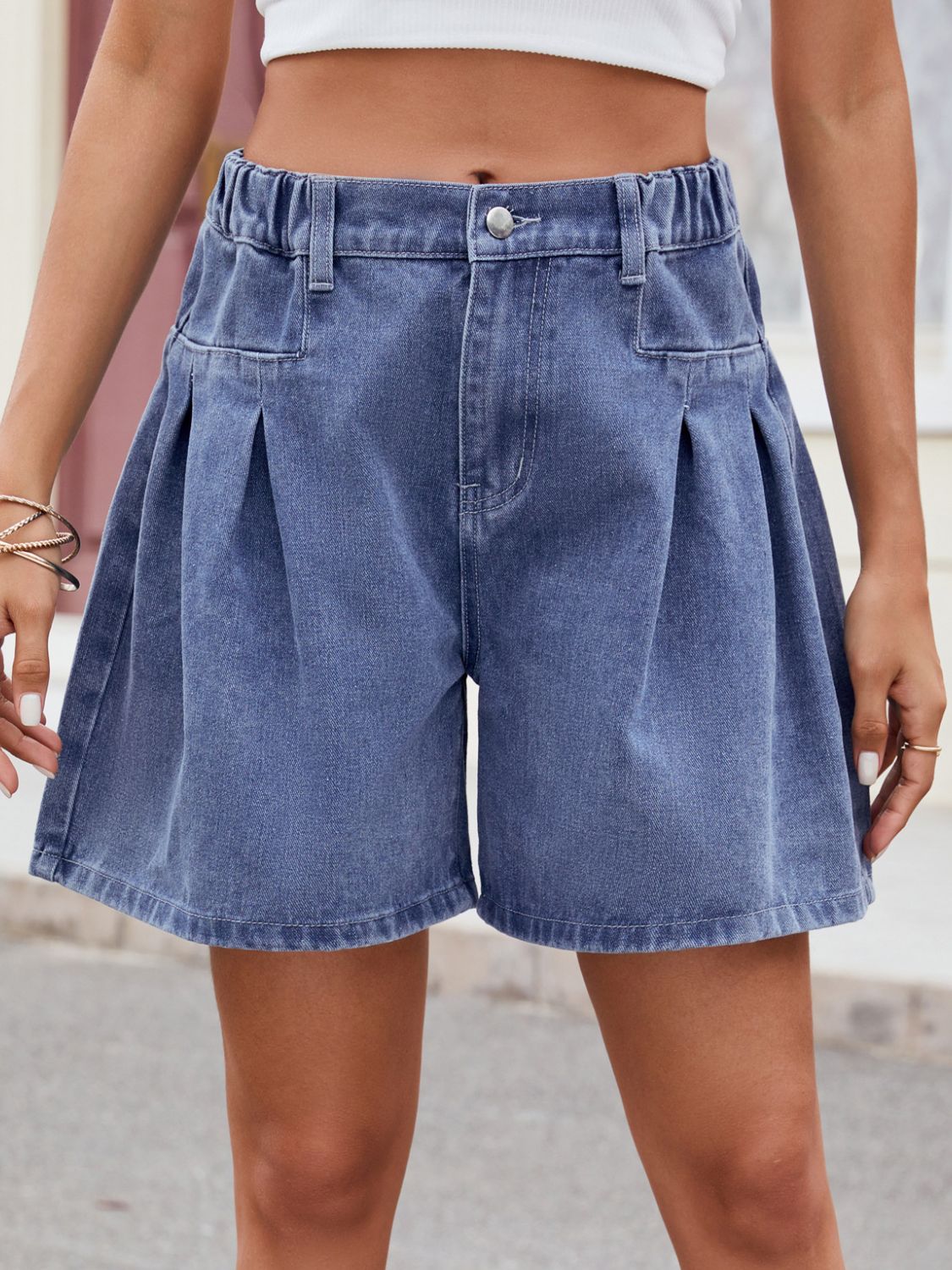 Ruched Half Elastic Waist Denim Shorts-Angel Casuals